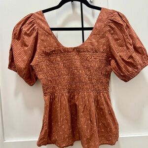 Madewell Terracotta Smocked Blouse with Puff Sleeves